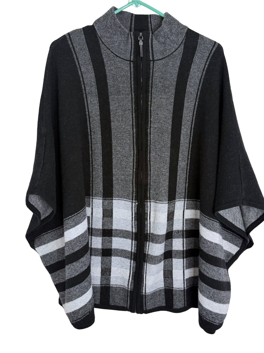 Max Studio Black, Gray & White Zip Up Plaid Poncho Knit Sweater